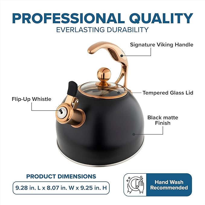 Viking 3-Ply Stainless Steel Tea Kettle, 2.6 Quart Stovetop Hot Water Pot with Tempered Glass Lid, Ergonomic Handle, Induction Ready, Matte Black and Copper
