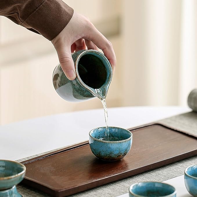 Chinese Tea Set, 10-Piece Ceramic Set with Teapot and Cups, Gongfu Tea Set,Tea Gift Sets,Outdoor and Office (Kiln-Changed Blue)