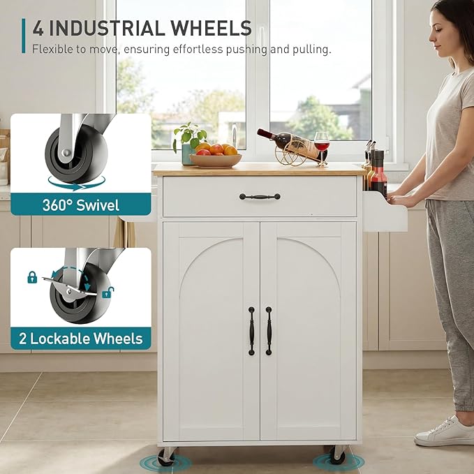 Kitchen Island Cart, Small Kitchen Island with Storage Cabinet and Drawer, Rolling Kitchen Cart on Wheels with Spice Rack and Towel Rack, for Kitchen, Dining Room, White and Natural