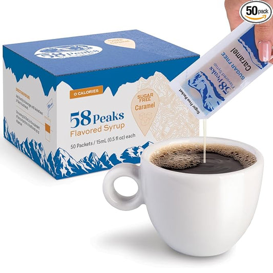 58Peaks Sugar-Free Caramel Syrup Sweetener Packets for Hot and Cold Drinks | To-Go Syrup Flavoring Perfect for Coffee, Tea, Milkshakes and More | Flavored Coffee Syrups for Travel | 15mL | 50-Pack