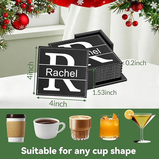 Custom Leather Coaster, Personalized Set of 6 Coasters for Drinks with Holder, DIY Logo Name Image, Durable, Non-Slip, Waterproof Leather Coaster for Home, Office, Bar, Cup Housewarming