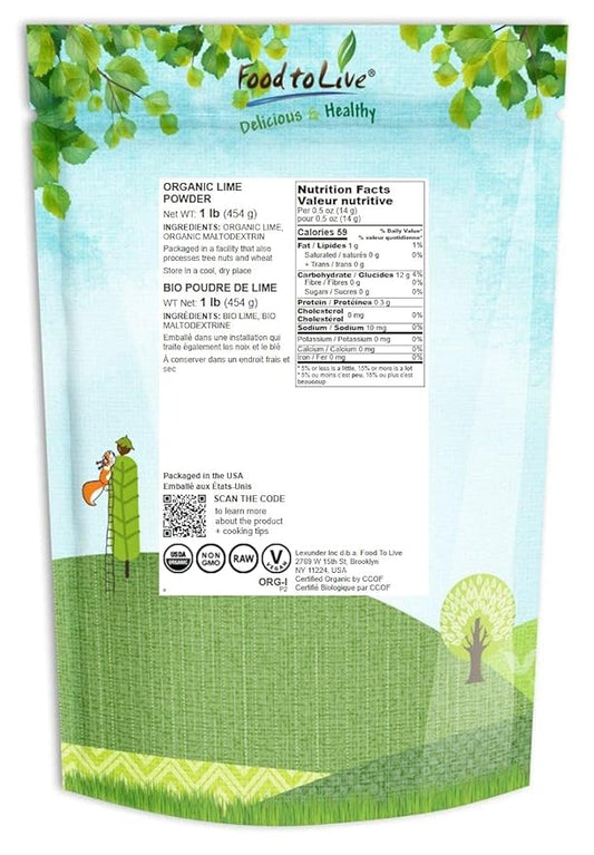 Food to Live Organic Lime Powder, 1 Pound Non-GMO, Unsulfured, Made from Raw Dried Citrus Fruit, Vegan, Bulk, Great for Baking, Juices, Smoothies, Yogurts, Contains Maltodextrin, No Sulphites