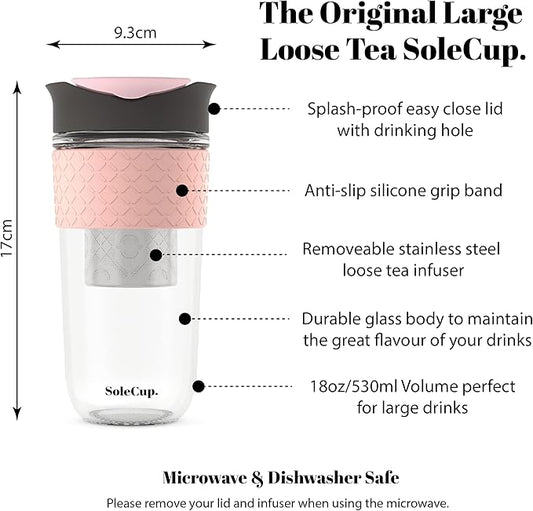 Large Travel Mug Loose Tea Infuser - Detachable Tea Strainer with Spill Proof Lid - 18oz/530ml BPA-Free Reusable Glass Travel Coffee Cup with Silicone Band (Gray and Pink, 18oz)