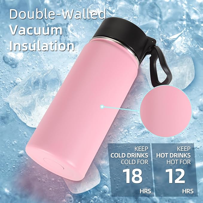 Volhoply Kids Insulated Water Bottle with Straw,16oz Stainless Steel Cold Water Bottles for School,BPA-Free Metal Wide Mouth Cups with Handle Lid,Reusable Double Wall Vacuum Sport Flask(Pink,1)