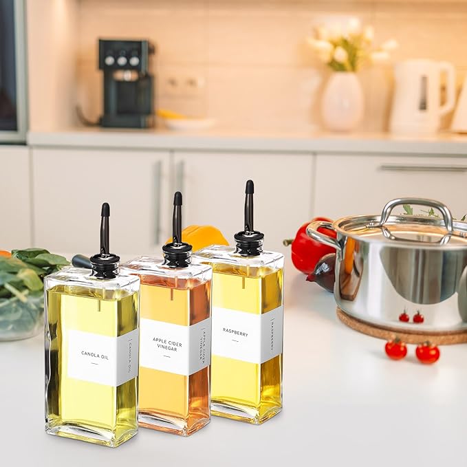 3 Sets Olive Oil Dispenser Bottles for Kitchen with Nozzles Funnel Labels Cooking Oil Dispenser 500ml Set for Kitchen Vinegar Coffee Syrup (Black)