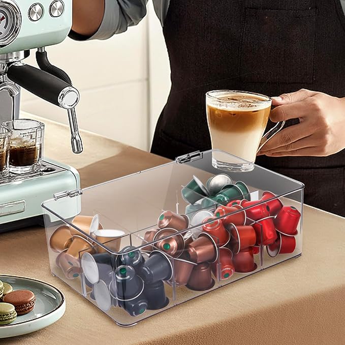 Coffee Pod Holder Storage for Counter, Clear Organizer for K Cup, Compatible with Nespresso OriginalLine VertuoLine Capsules & Keurig, Acrylic Coffee Pods Holder with Lid - Clear