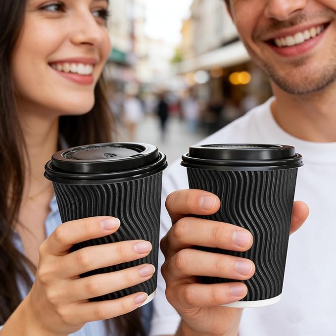 BYSNOW 500 Pack 12 oz Coffee Cups with Lids, Disposable Insulated Hot Cups To Go Paper Coffee Cups, Corrugated Ripple Wall Cup for Hot Drink, Office, Coffee Bar (Black 12 oz)