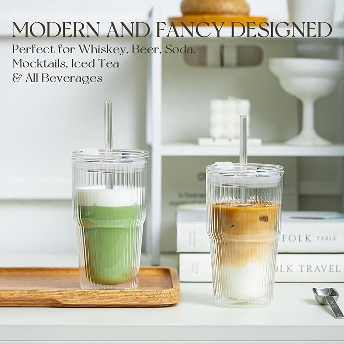 KEMORELA 16oz Ribbed Glass tumbler with Lids and Straws 2pcs,Double Wall Iced Coffee Cups with Lids,Coffee Bar Accessories, Insulated Borosilicate Glass Tumblers, To Go Coffee Cups, Spill proof