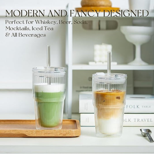 KEMORELA 16oz Ribbed Glass tumbler with Lids and Straws 2pcs,Double Wall Iced Coffee Cups with Lids,Coffee Bar Accessories, Insulated Borosilicate Glass Tumblers, To Go Coffee Cups, Spill proof