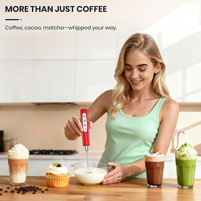 Milk Frother Handheld Rechargeable with Stand, Frother Wand Drink Mixer Electric Whisk for Coffee, Detachable With 3 Stainless Whisks, Hand Mixer for Lattes, Cappuccino, Matcha, Egg, Red