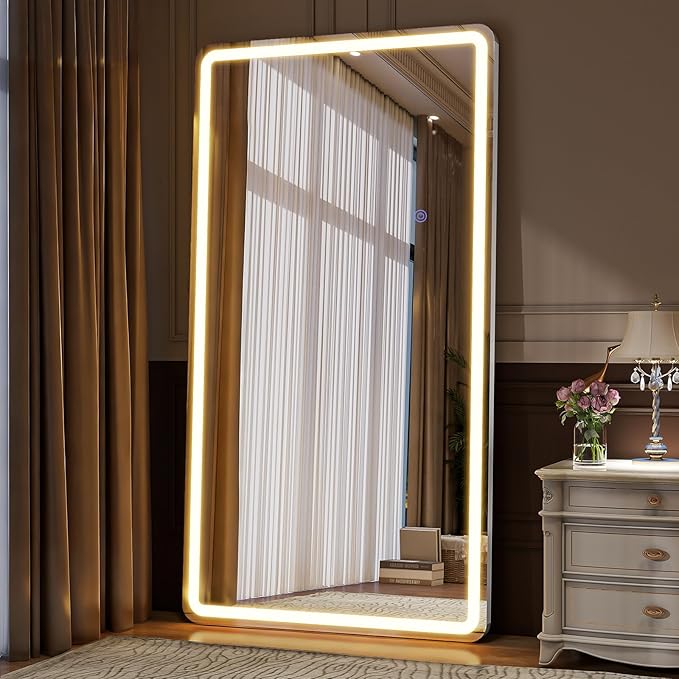 VooBang 76"x34" Large LED Full Length Mirror, Oversized Floor Body Mirror with Lights - 3 Color Modes, Standing Leaning Wall Mounted for Bedroom, Dressing Room White