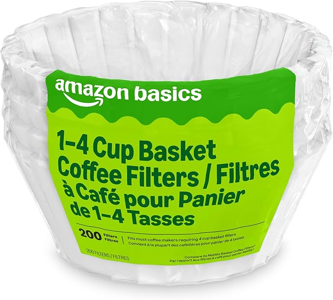 Amazon Basics Basket Coffee Filters for 1-4 Cup Coffee Makers, White, 200 Count