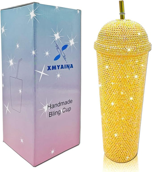 24oz Bling Cup Handmade Rhinestones Studded Tumbler Double Wall Insulated Plastic Reusable Water Bottle with Lid and Straws for Home Office Party Beach(Golden)