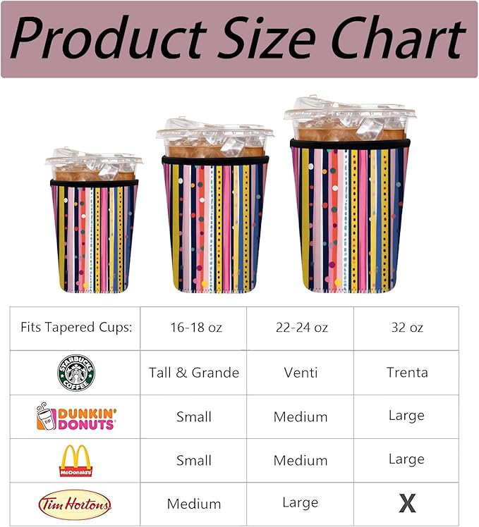 Neoprene Iced Coffee Sleeve 3 Pack, Reusable Insulated Cup Holder with Colorful Stripe & Polka Dot Pattern, Fits 16–32 oz Tumblers, Compatible with Starbucks & Dunkin