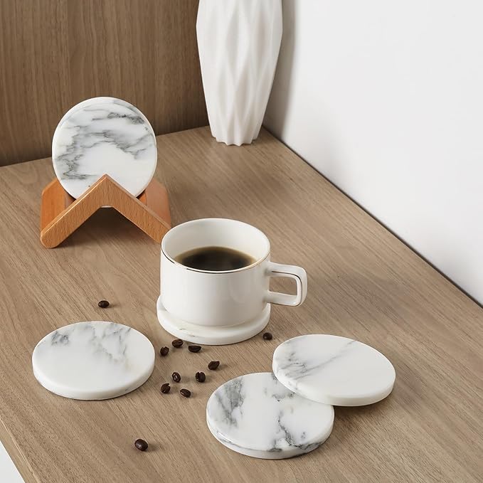 BCS Marble Coasters Set of 6 with Holder - Premium White Stone Drink Coasters, Durable Cup Mats for Coffee, Beer, Wine - Non-Slip Modern Table Decor for Home, Office, Dining