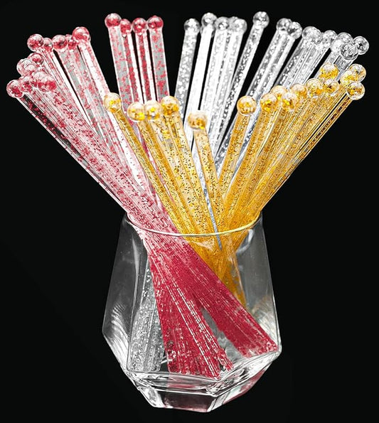 100-PCS Gold Silver Red Glitter Plastic Swizzle Sticks, Crystal Cake Pops, Cocktail Coffee Drink Stirrers, Stir Sticks for Christmas Party, 7.24 Inch