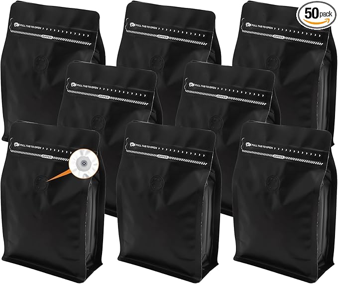 ZOOFOX 50 Pack Coffee Bags with Valve, 8 oz Matte Black Stand Up Coffee Beans Storage Bag, Heat Sealable Foil Pouch Bags for Packaging, Home or Store