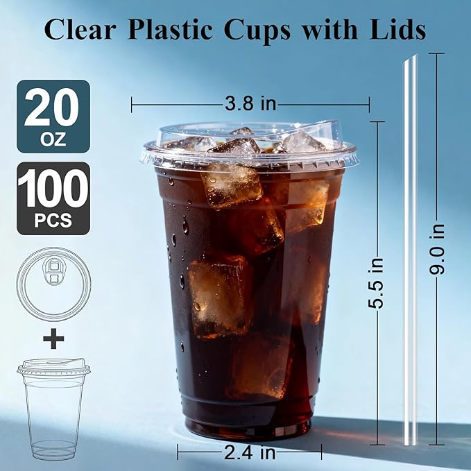 Goodluck 100 Pack 20 oz Plastic Cups With Strawless Sip Lids, Disposable Iced Coffee Cups with Lid, Clear To Go Cups for Smoothies, Party Drinks, Bubble Tea, Cold Beverage, Straws Included BPA Free