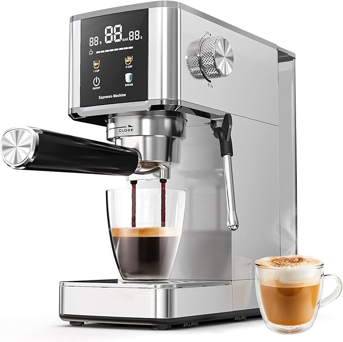 WAA 20 Bar Craft Barista-Grade Espresso, Upgraded 1350W Espresso Machine Stainless steel with Steam Frothing Wand, 1.2L Water Tank and Cup Warmer, Suitable for Espresso, Cappuccino and Latte (Silver)