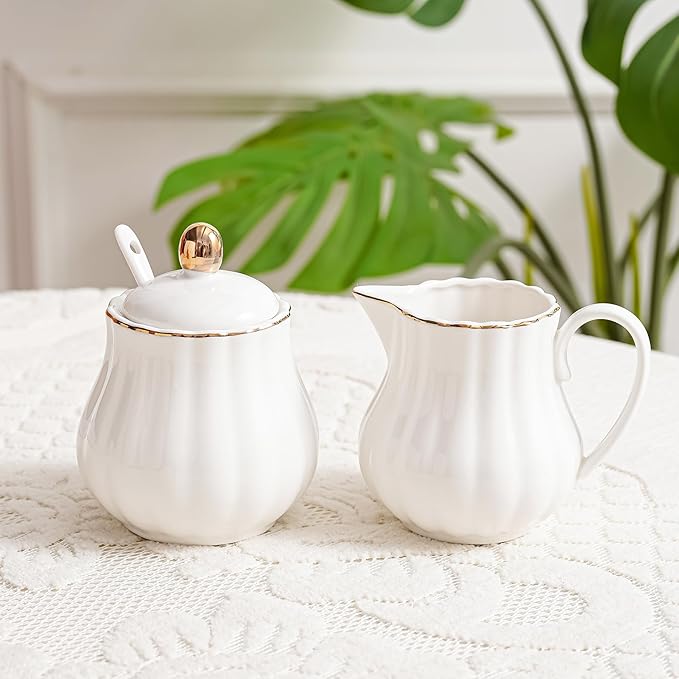Ceramic Sugar and Creamer Set, 3 Piece with Cream Pitcher, Sugar Bowl with Lid and Spoon,Coffee and Tea Serving Set (White with gold line)