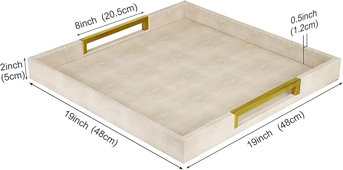 HofferRuffer Faux Leather Serving Tray with Gold Metal Handles, Stylish Decorative Tray Organizer for Coffee Table, Ottoman, Home Decor and Serving (LightGrey Shagreen, 18.9" x 18.9" x 2")
