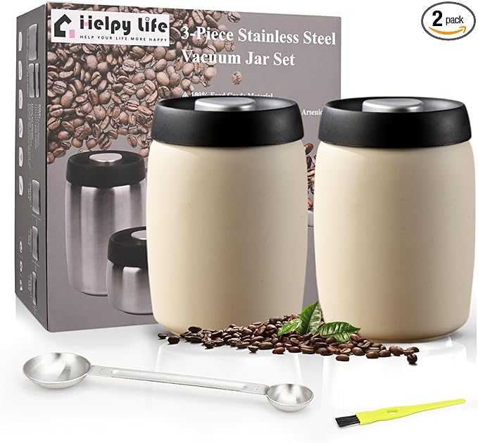 Vacuum Coffee Canister, Coffee Bean Storage with Scoop, Stainless Steel Airtight Food Storage Container, Perfect for Coffee Beans,Grounds,Loose Leaf Tea (1200ml*2 Cream White)