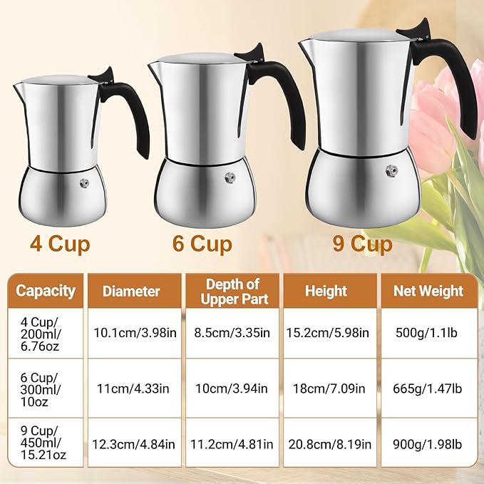 Vaolvpant No Coating 6 Cup Thickened 304 Stainless Steel Moka Pot Stovetop Espresso Maker Italian Coffee Machine 300ml 10oz Suitable for Gas Induction Stovetop Greca Coffee Maker Percolator
