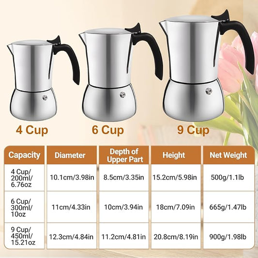 Vaolvpant No Coating 6 Cup Thickened 304 Stainless Steel Moka Pot Stovetop Espresso Maker Italian Coffee Machine 300ml 10oz Suitable for Gas Induction Stovetop Greca Coffee Maker Percolator