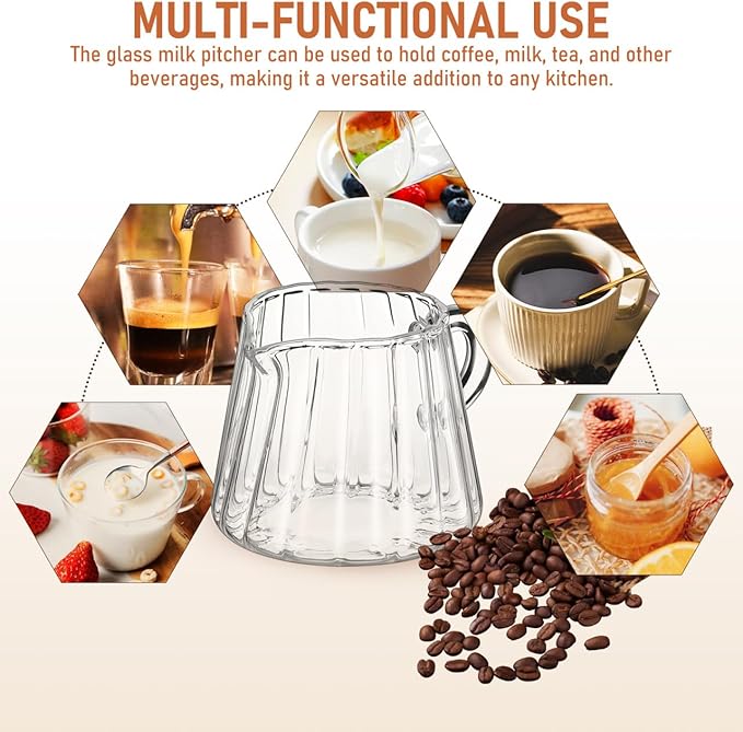Didiseaon 2pcs Glass Milk Frothing Pitcher - 6.8oz Small High Borosilicate Creamer Pitcher with Handle - No-Drip Spout Espresso Milk Frother Cup for Latte Art, Coffee, Tea, Microwave Safe