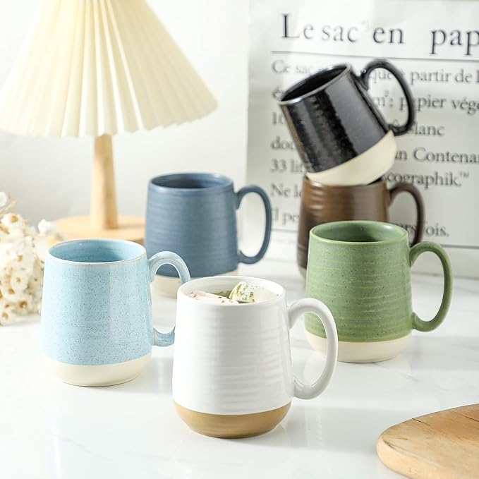 Hasense Coffee Cups, 15 oz Coffee Mugs Ceramic with Handles Set of 6, Tea Cup for Home and Office, Stylish Colorblocking Mug for Coffee, Tea, Latte, Cocoa, Dishwasher Microwave Safe, Deep Blue