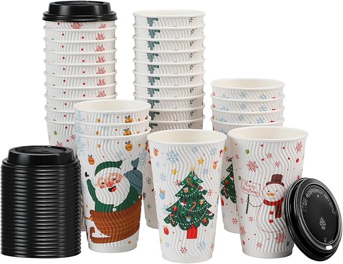 BYSNOW 100 Count Christmas Paper Cups, Xmas 16 oz DisposableCoffee Cups Snowflake Santa Snowman Elk Christmas(16oz 100Count)