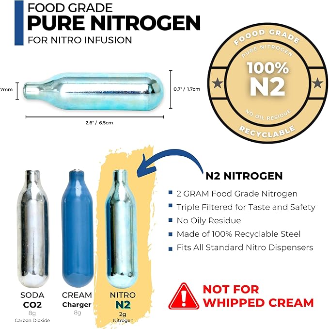 ICO 10pcs Nitrogen Cartridges for Nitro Cold Brew Coffee and Beer, 2g N2 Cartridges Non-threaded 'NOT FOR WHIPPED CREAM' for Nitro Cold Brew Maker