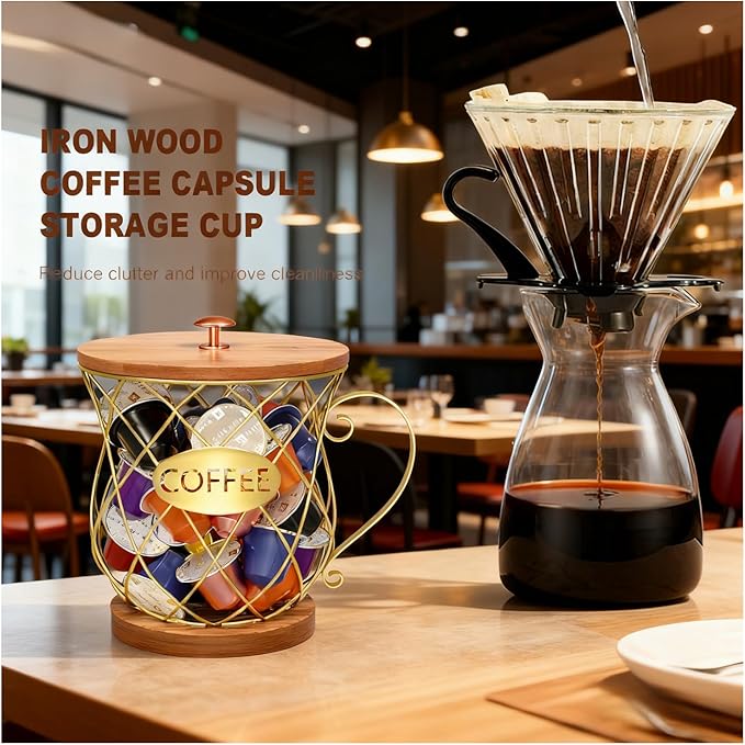 Coffee Pod Holder with Lid -Coffee Creamer Holder Large Capacity Holder for k Holder Organizer for Counter - Coffee Decor Station for Pods, Espresso, Capsules, Creamer, (Gold-HH)