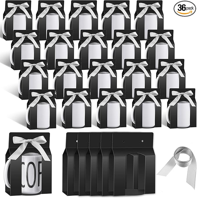 Kosiz 36 Pcs Mug Boxes Sublimation Coffee Mugs Gift Bags with Window Packaging Storage Box for Shipping Selling Wedding Valentines Gift Packaging Wrapping (for 15oz Mug,Black,Silver)