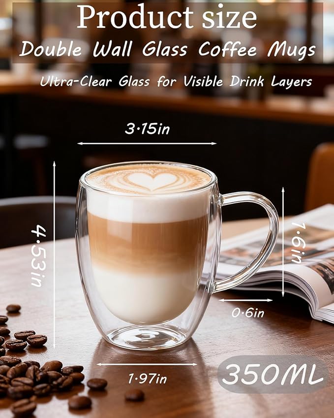 Glass Coffee Cups Set Of 2-12oz Double Walled Glass Coffee Mugs with Handle,Clear Insulated Borosilicate Glass Mug,Suitable for Cappuccino,Tea,Latte,Hot Beverage and Wine (2 pack 12oz)