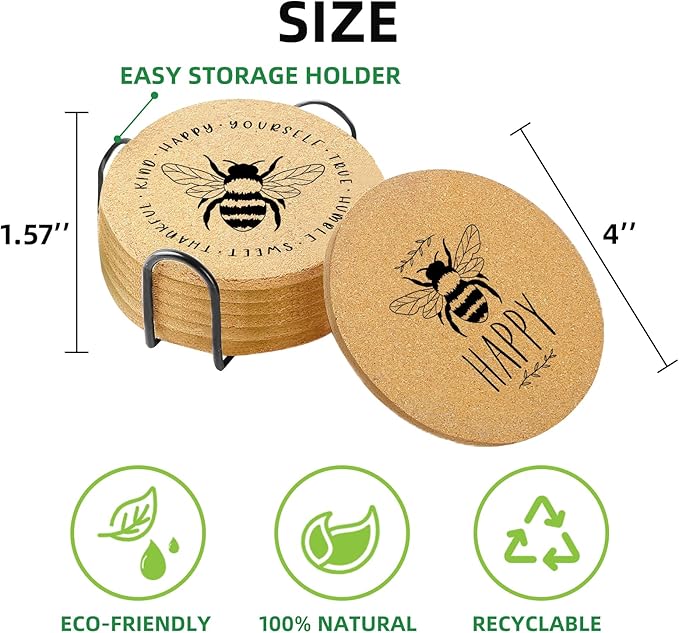 Coasters for Drinks with Holder Set of 6, Bee Coaster Absorbent Cork Wood for Cup Desk Office Table Kitchen Decor House Warming Gifts for New Home Couples, Round 4"