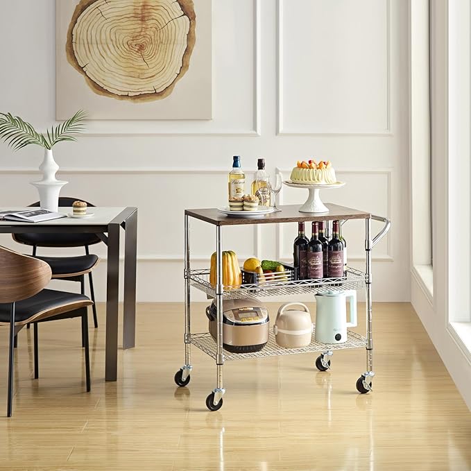 Rolling Kitchen Carts on Wheels With Storage,650Lbs Heavy Duty Metal Cart with Wheels,3 Tier Rolling Cart with Wooden Top,NSF Utility Cart with Handle for Food Cart Serving Carts,30.3"L*31.9"H*18.1"W