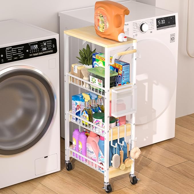Laundry Room Organization Cart, 4 Tier Slim Rolling Cart for Small Narrow Spaces, Storage Shelf Cabinet with Wheels for Bathroom, Utility Room, Kitchen, Near Washer Dryer (9.1" Overall Width)