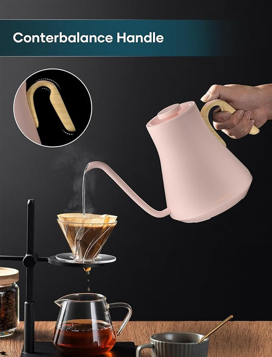 Electric Kettle, Gooseneck Electric Kettle, ±1℉ Precise Temperature Control, Stainless Steel Interior, Quick Heating for Pour Over Coffee, Tea & Boiling Water, 0.9L (Pink)