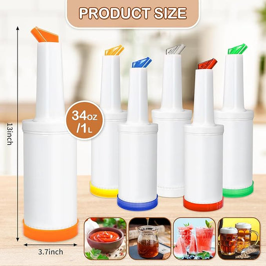 GEMLORD 6 Pcs Plastic Juice Dispensers, 34 oz Colorful Bar Pour Bottle, Store and Pour Containers for Juice, Syrup, Bartending, Home, and Party Use (6 Colors)