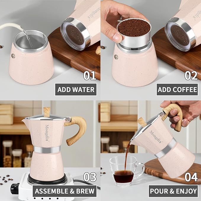 Mongdio Stovetop Espresso Maker Moka Pot, Cuban Coffee Maker Stove top coffee maker Moka Italian Espresso Greca Coffee Maker Brewer Percolator, 12 Espresso Cups, 20 oz - Pink