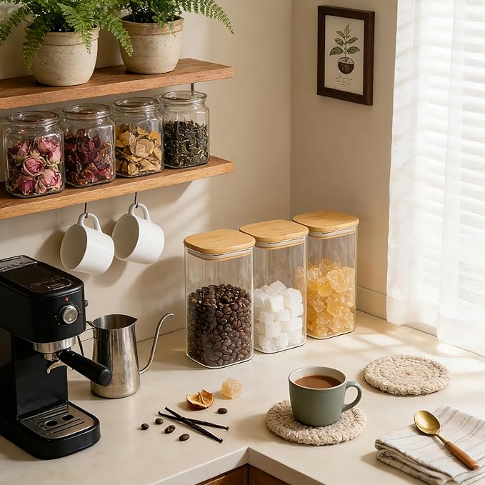 KEYWING 50oz Airtight Glass Storage Containers with Lids Set of 3, Square Glass Jars with Bamboo Lids, Kitchen Pantry Storage Canister for Flour, Sugar, Cereal, Coffee Beans, Pasta, Cookies & Tea