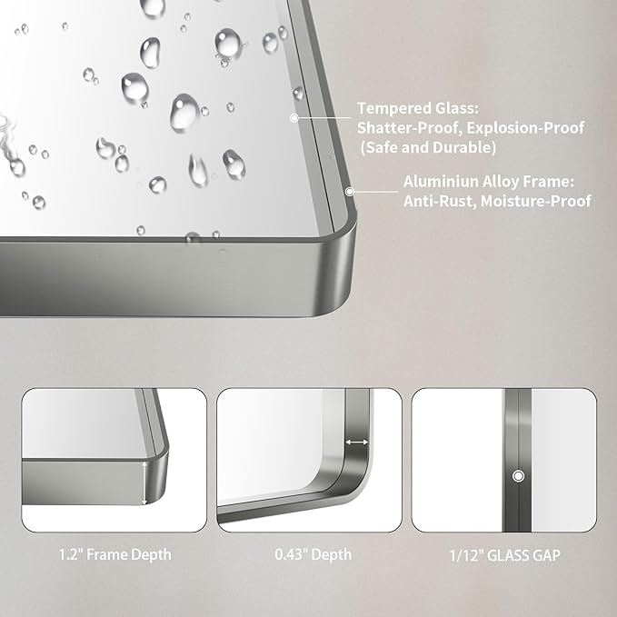 LOAAO 48X36 Inch Brushed Nickel Bathroom Mirror, Rounded Rectangle Silver Metal Frame Mirror, Brushed Nickel, Anti-Rust, Shatter Proof, Hangs Horizontally or Vertically