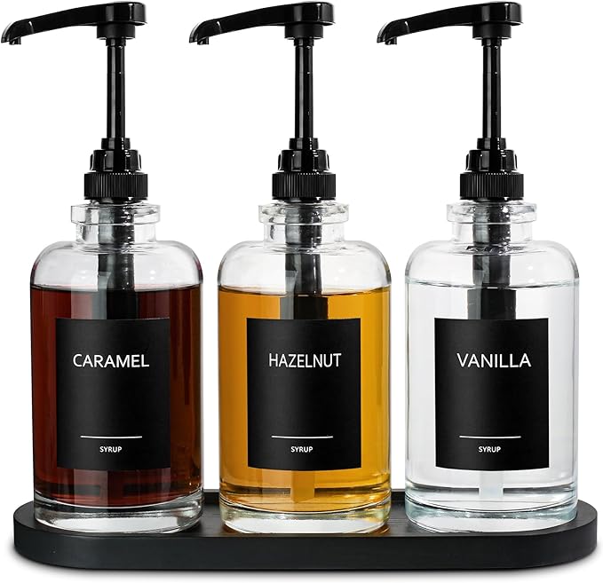 Coffee Syrup Dispenser for Coffee Bar, Glass Syrup Dispenser with 1/4oz Large Capacity Pump, Coffee Syrup Pump Dispenser for Coffee Station, 16.9 fl oz Maple Syrup Bottles for Coffee Bar Organizer