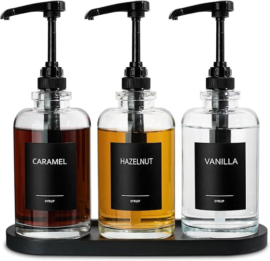 Coffee Syrup Dispenser for Coffee Bar, Glass Syrup Dispenser with 1/4oz Large Capacity Pump, Coffee Syrup Pump Dispenser for Coffee Station, 16.9 fl oz Maple Syrup Bottles for Coffee Bar Organizer