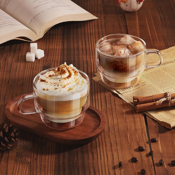 glastal 12 oz Latte Macchiato Glasses, Double-Walled Coffee Glasses, Set of 2, Glass Stackable Coffee Cups, Tea Glasses with Handle for Cappuccino, Tea, Milk, Gifts for Women Friends New Home Gift