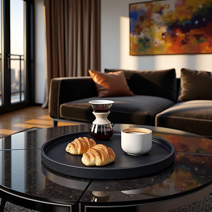 20 * 20 inches High-end Luxury Leather Round Oversized Service Tray, Ottoman & Coffee Tray for Family Dinner, Out-of-House Picnic, Party Essential (20 inch Black)