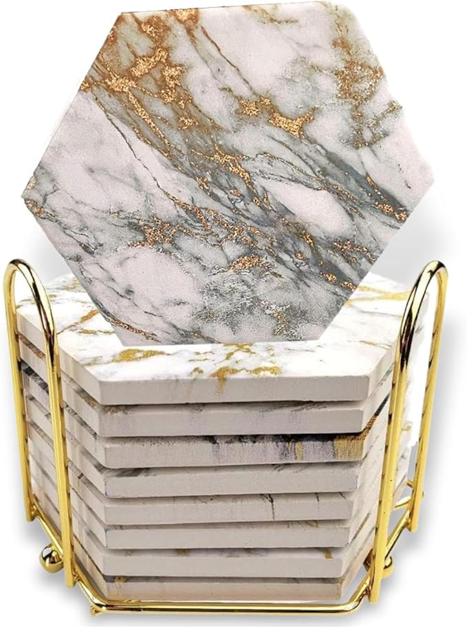 8 Pcs Coasters for Drinks Absorbent with Holder|Marble Design Ceramic Coaster Set| Super Absorbent Hot and Cold Drink Coasters| Table with Cork Bottom | Cup for Living Room，Gray Gold