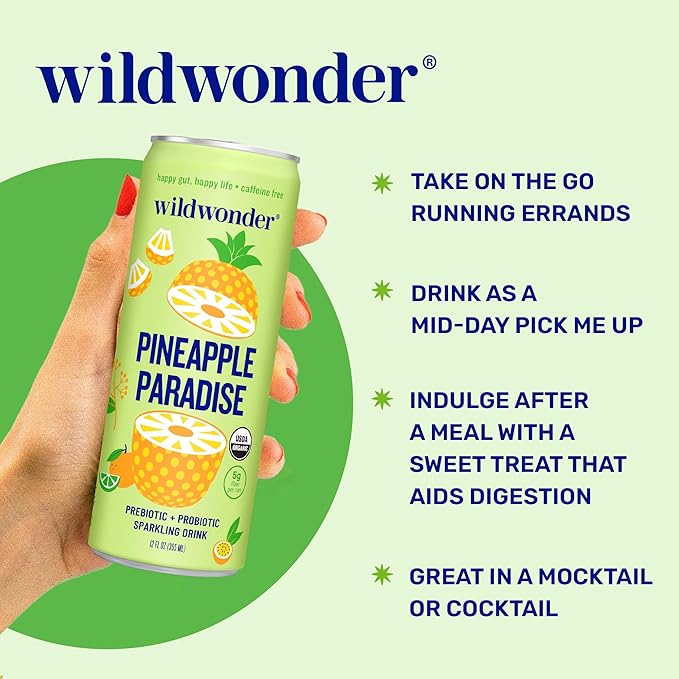 wildwonder Sparkling Probiotic Drink 12pk, For Gut Health & Immune Support, Pineapple Paradise, 5g Prebiotic Fiber, Live Probiotics, Organic, Vegan, Low Sugar, 12 Pack, 12oz Can, As Seen on Shark Tank