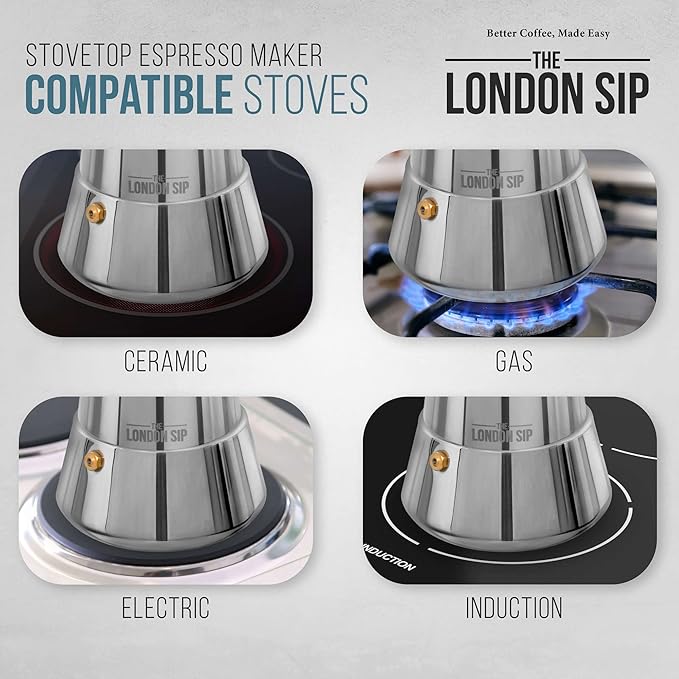 London Sip Stainless Steel Stovetop Espresso Maker Moka Pot Italian Coffee Percolator, Silver, 6 Espresso Cups